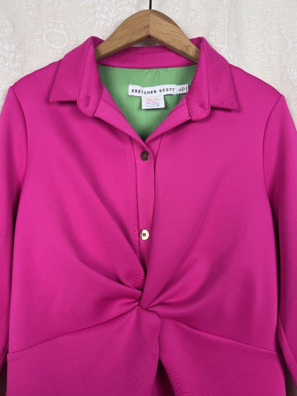 Gretchen Scott Twist & Shout top hot pink stretch jersey button-up blouse ruched - Picture 3 of 9